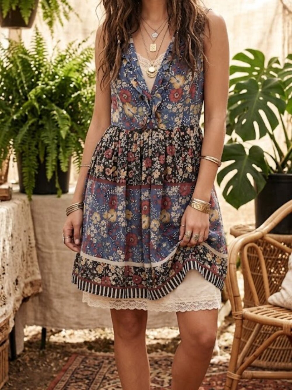 Hinge Blue Silk Floral Sleeveless Ruffled Dress Womens S Cottage Core Fairy